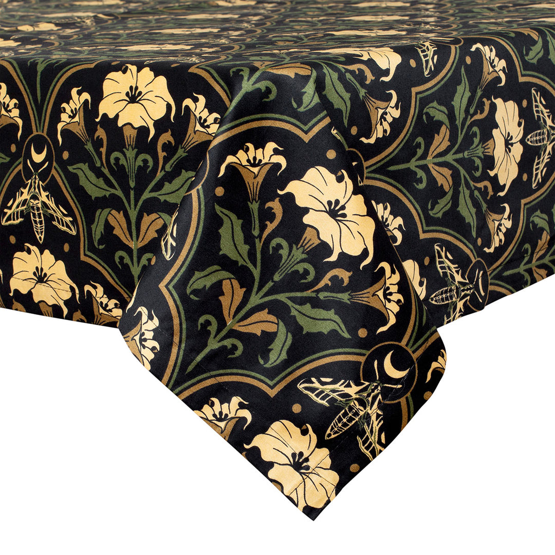 Datura Deco Tablecloth by Sin in Linen. Gothic Botanical home decor featuring datura blooms, moths, and moons. 