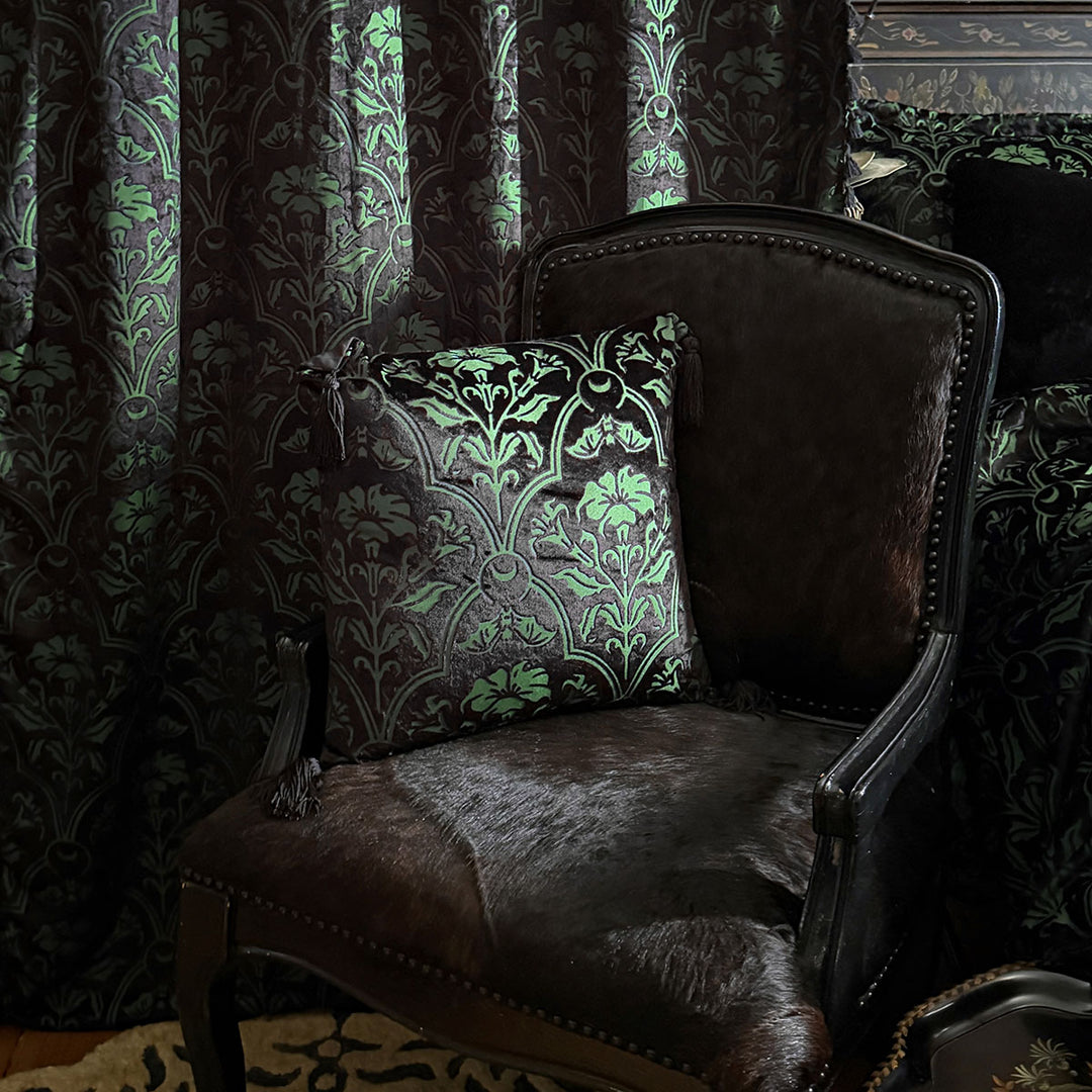 Sin in Linen's Velvet Datura Collection. Green gothic botanical pattern featuring datura blooms and bats in a flocked velvet design. Dark, witchy decor. 
