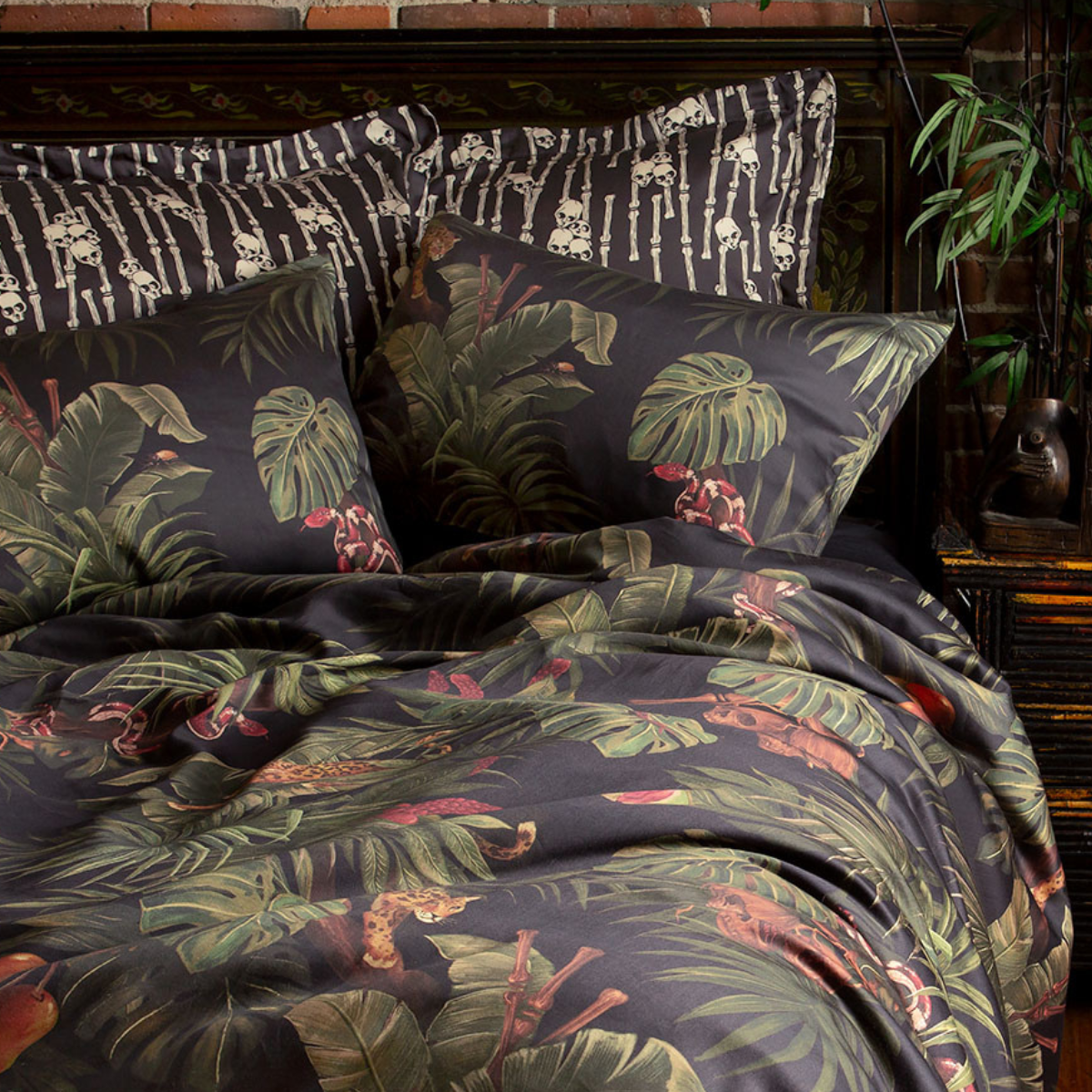 Sin in Linen's Forbidden Island Collection featuring tropical florals and skull motifs for a gothic twist on botanical prints. 