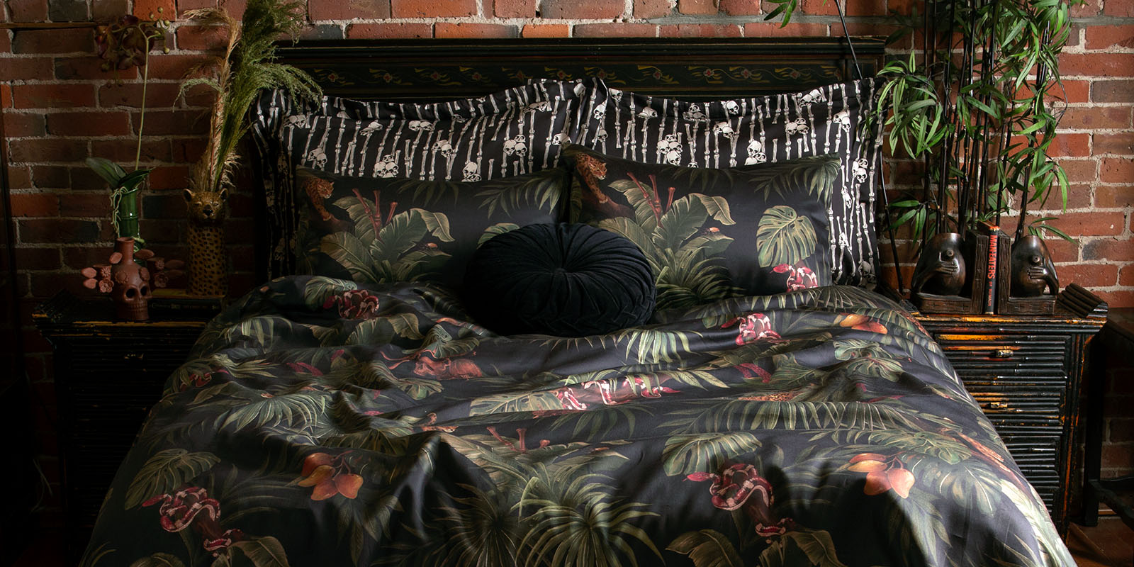 Sin in Linen's Forbidden Island Collection featuring tropical florals and skull motifs for a gothic twist on botanical prints. 