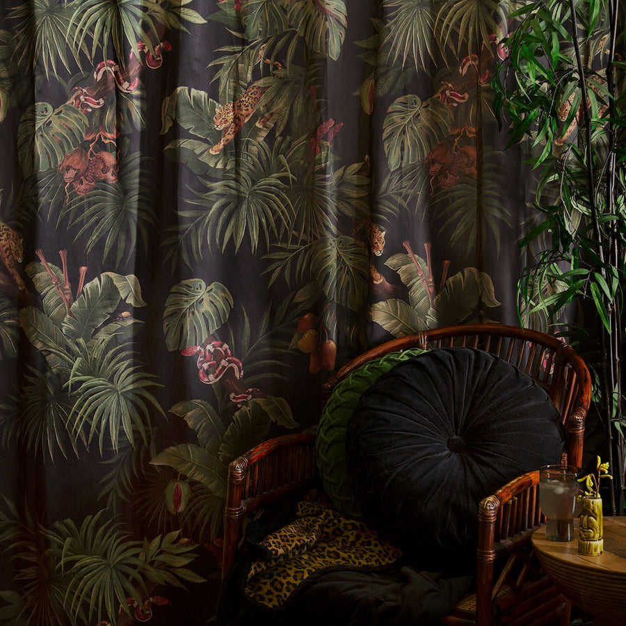 Sin in Linen's Jungle Noir Cotton Curtains. Featuring prowling jaguars, hidden skulls, and slithering serpents, the Forbidden Island Collection is Gothic Botanical meets Tropical Fantasy for a moody, luxurious home. 