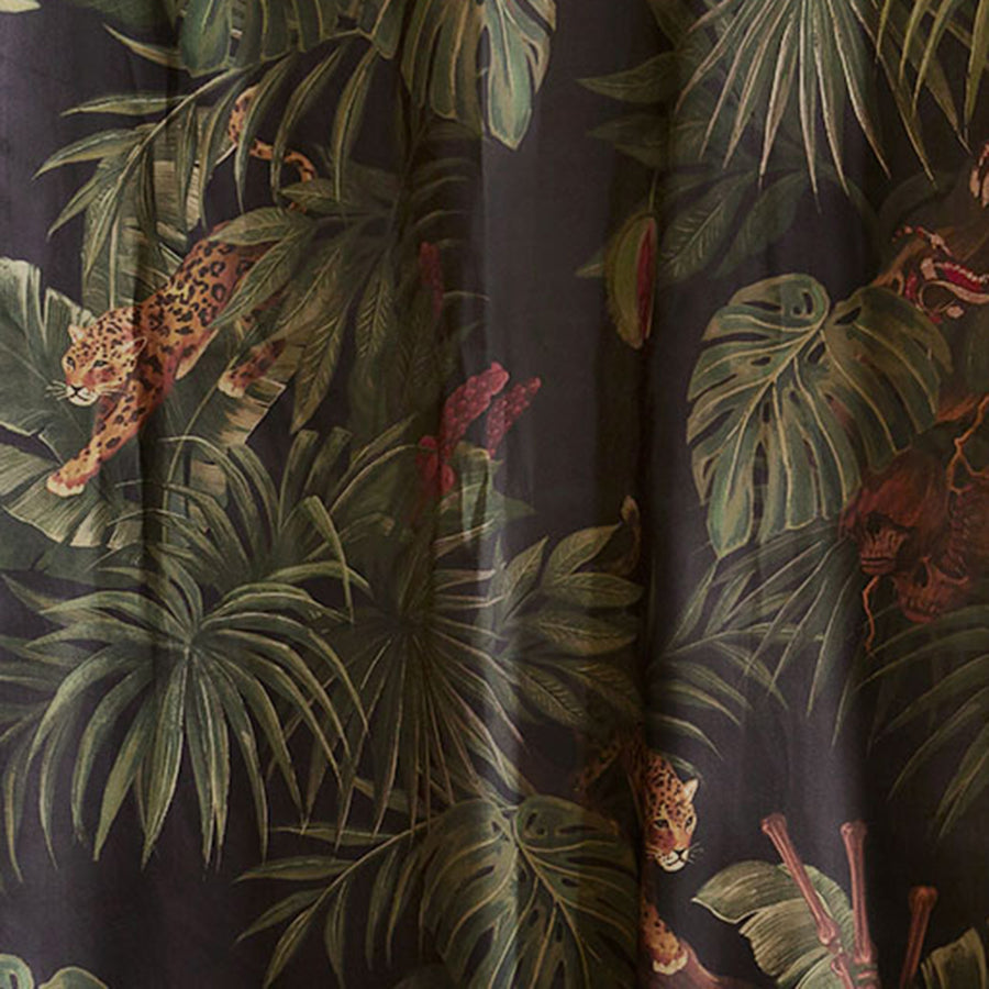 Swatch of Sin in Linen's Jungle Noir Print featuring prowling jaguars, lush foliage, and slithering serpents. Gothic Botanical decor with a tropical influence. 