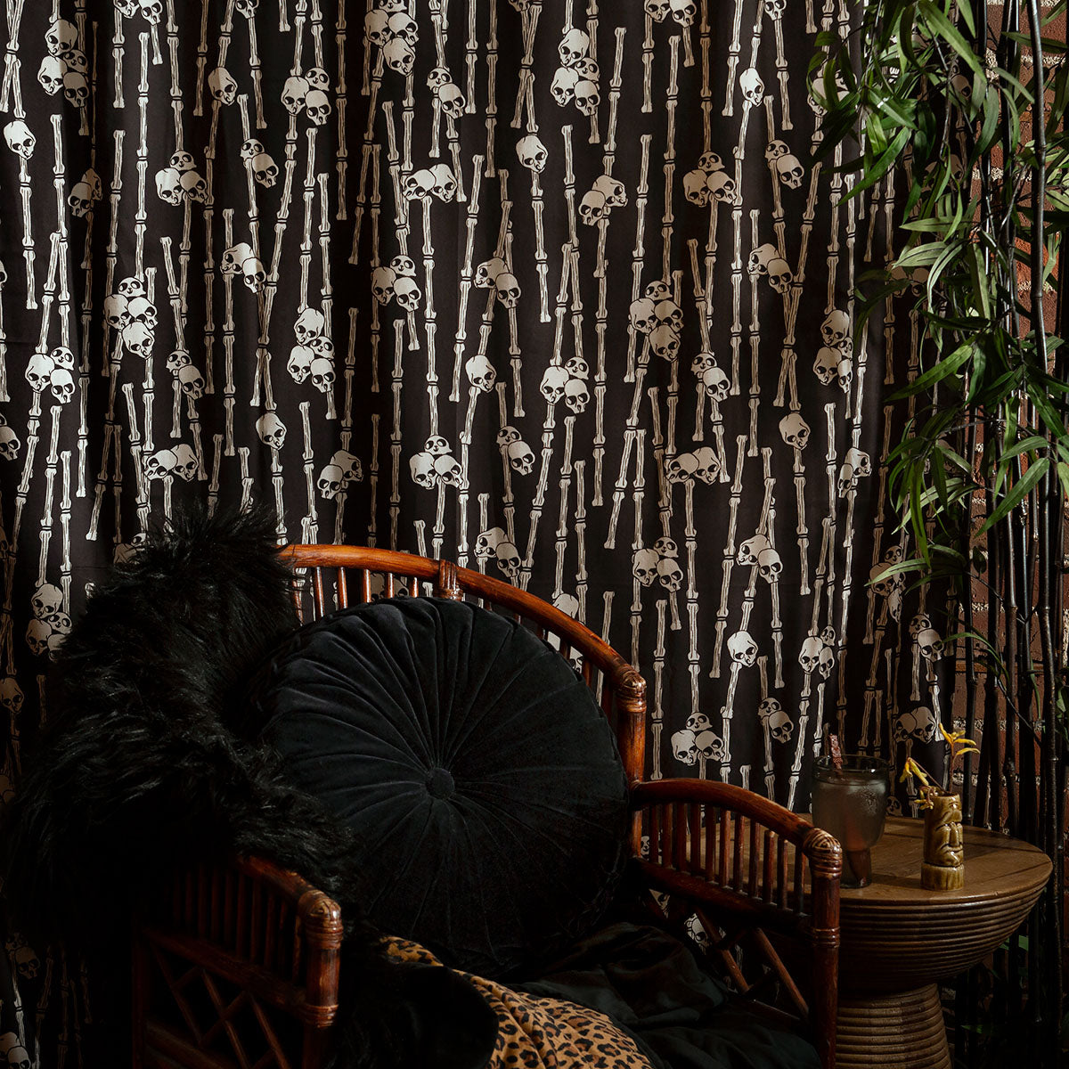 Sin in Linen Bone Grove Cotton Curtains. This bamboo-inspired print features hidden skulls for a mysterious gothic addition to your windows. 