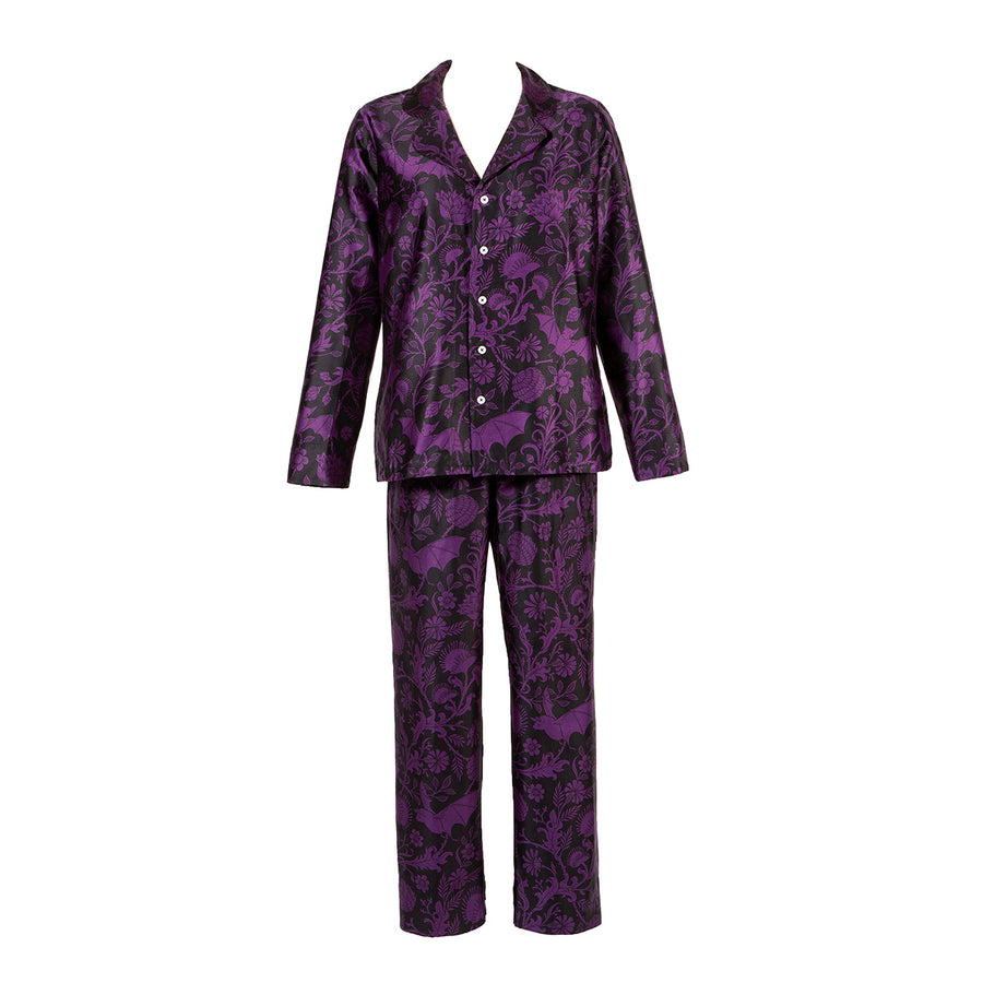 Purple gothic botanical pajama set with bats and botanicals. Nature inspired, gothic sleepwear. 