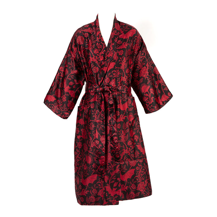 Red and black gothic botanical robe with bats, botanicals. Gothic sleepwear. 
