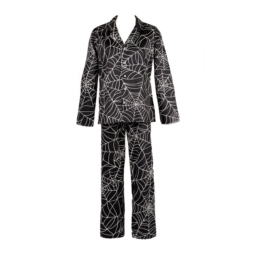 Black pajama set with spider web pattern on a white background