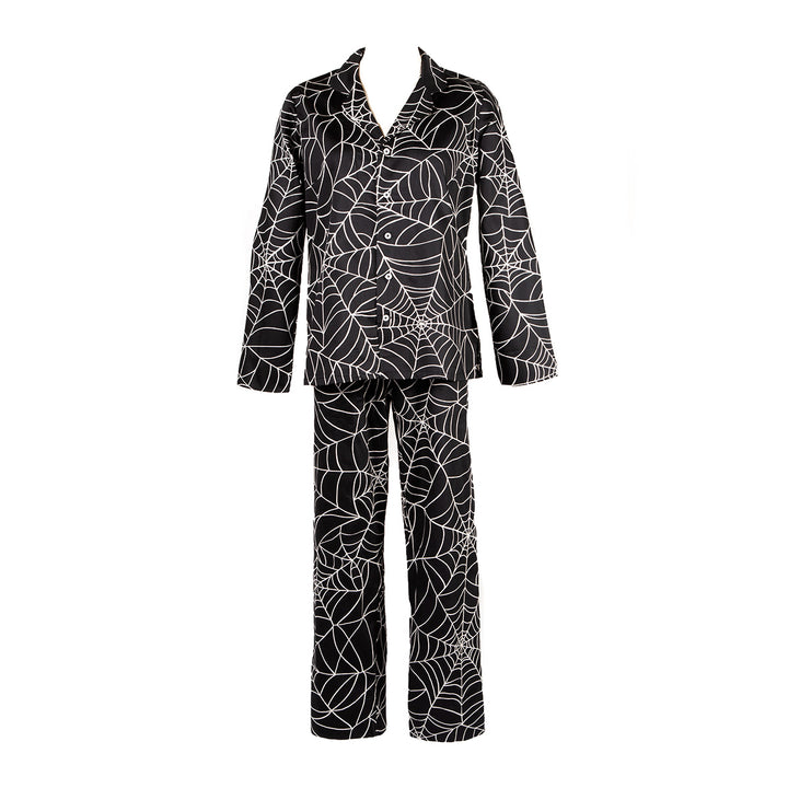 Black pajama set with spider web pattern on a white background