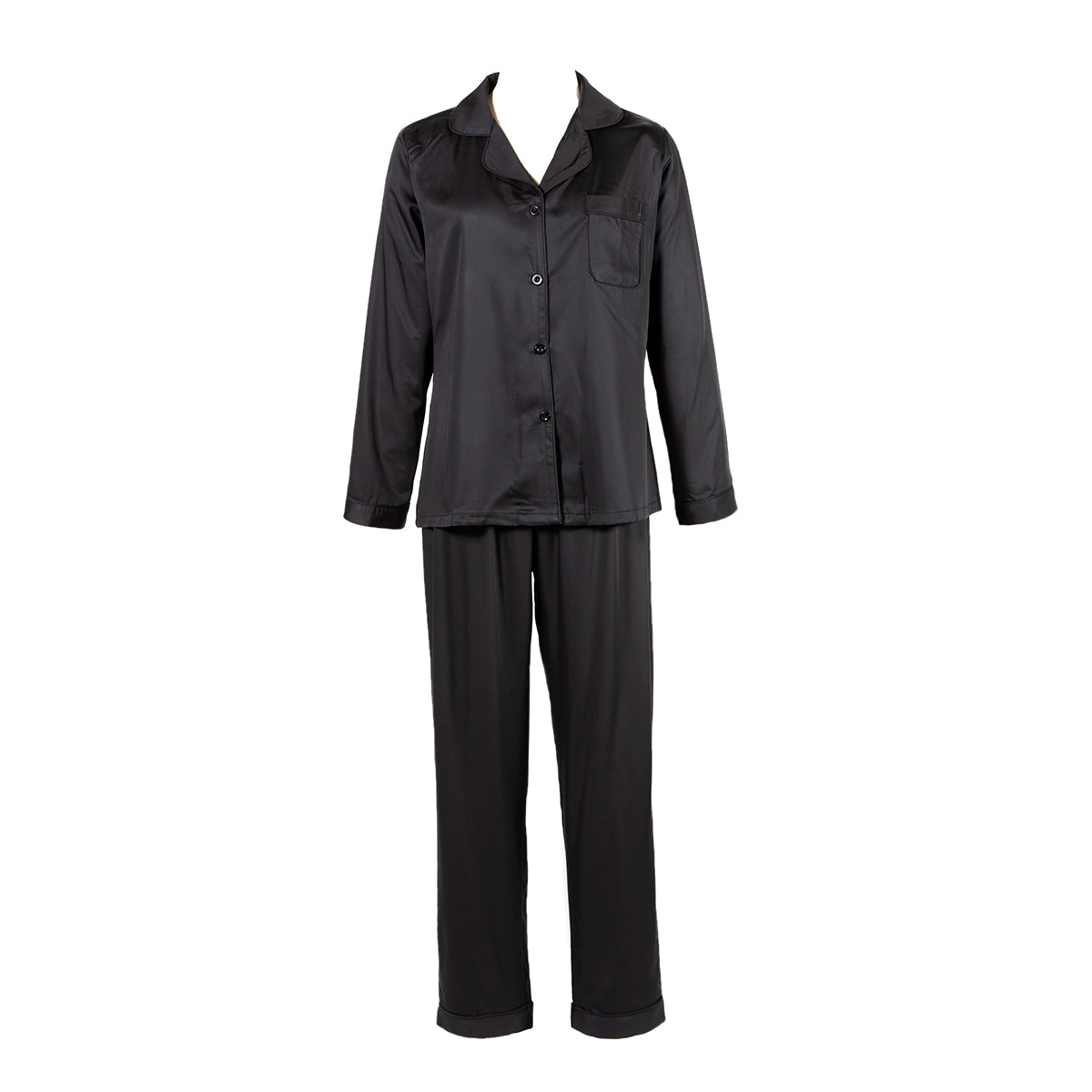 Black bamboo pajamas with a collar and pocket. Luxury pajamas by Sin in Linen.