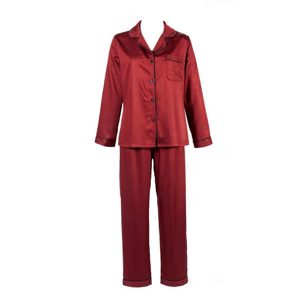 Burgundy red bamboo pajamas on a white background. Luxury sleepwear by Sin in Linen.