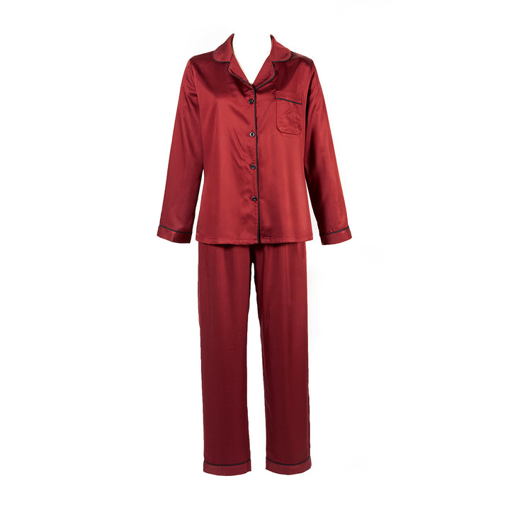 Burgundy red bamboo pajamas on a white background. Luxury sleepwear by Sin in Linen.
