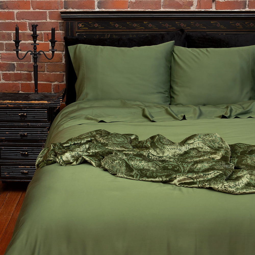 Moss green bamboo bedding with a relaxed, cozy feel. 