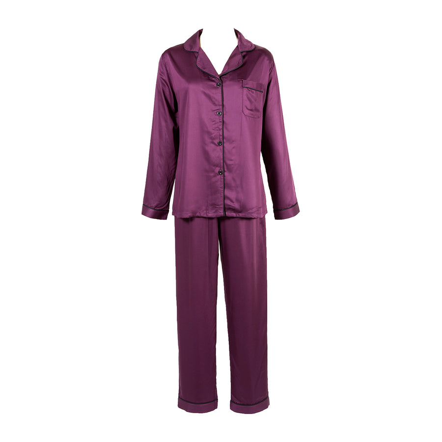 Purple bamboo pajamas on a white background. Luxury sleepwear by Sin in Linen.