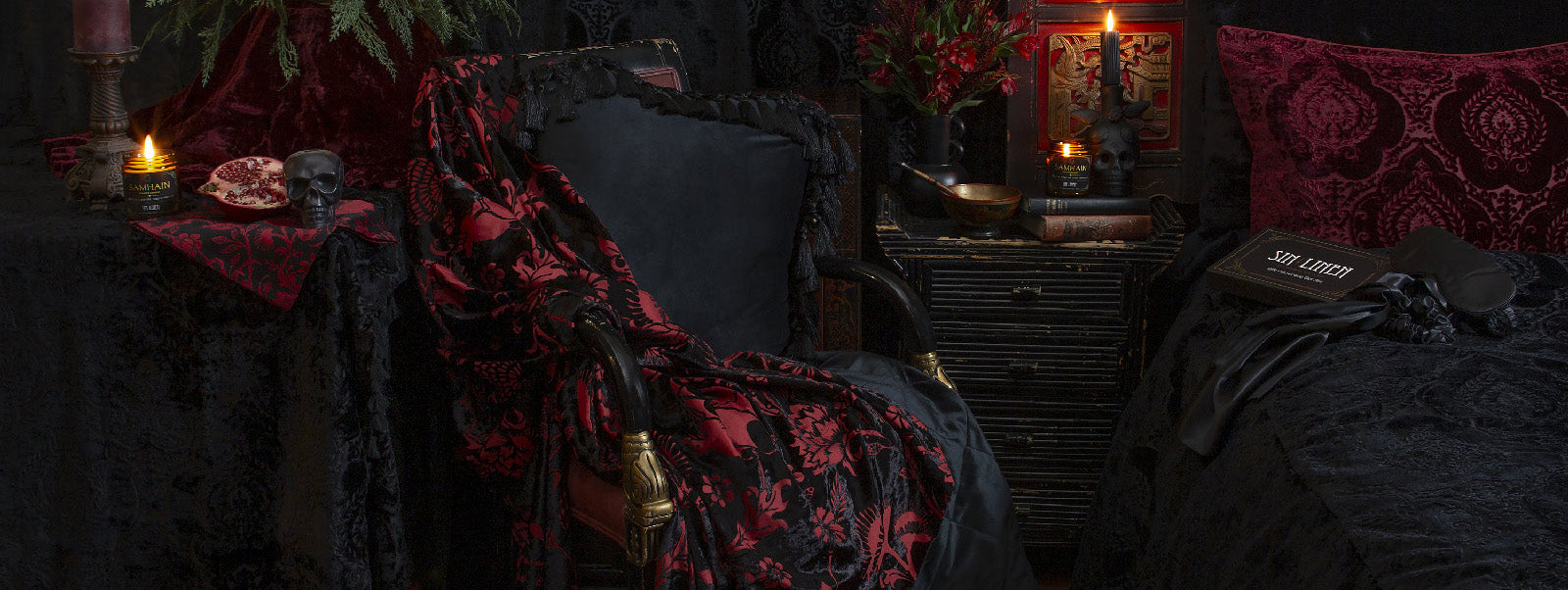 A collection of gothic bedding and home decor in black and burgundy. Gothic Home by Sin in Linen.