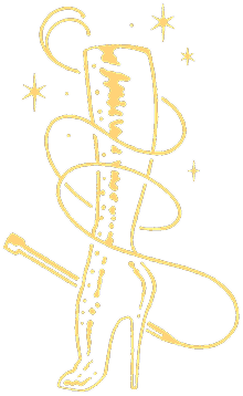 A decorative illustration featuring heeled boots and a whip