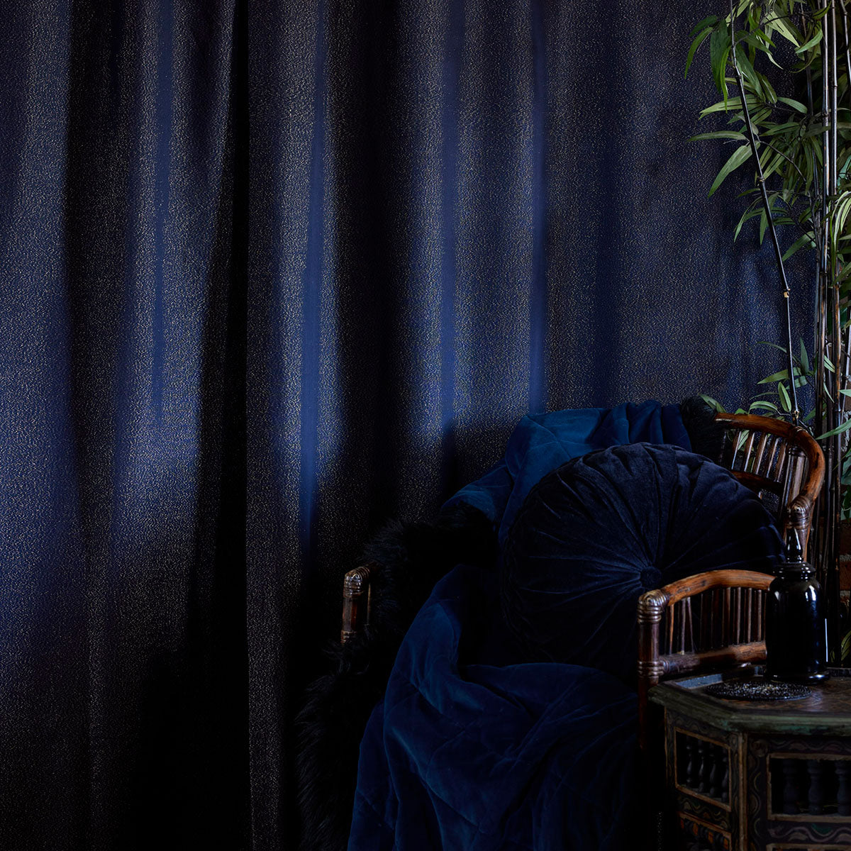 Navy and gold Lurex curtains. Vintage inspired witchy decor by Sin in Linen. 