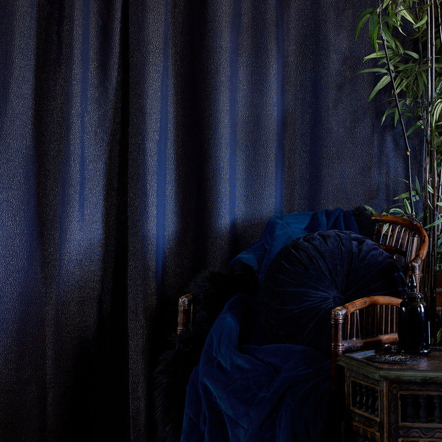Navy and gold Lurex curtains. Vintage inspired witchy decor by Sin in Linen. 