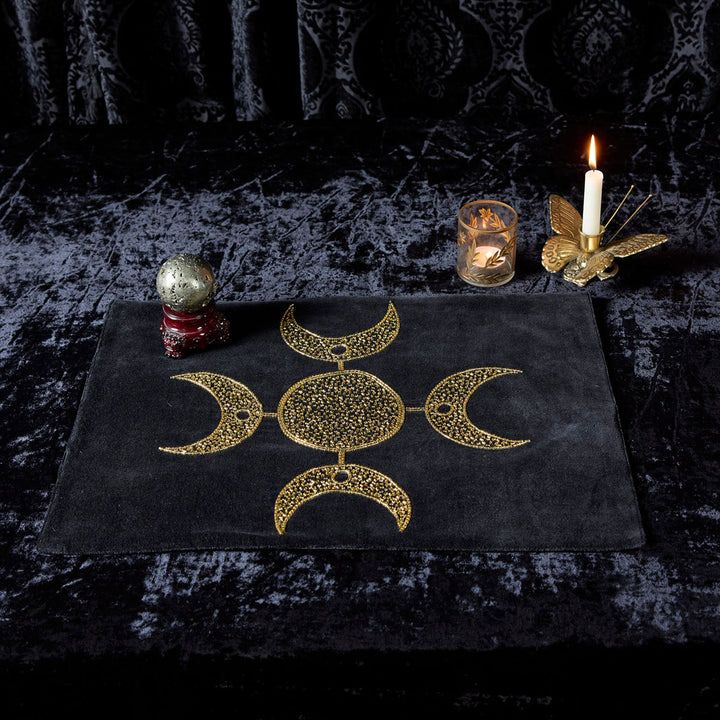 Gold beaded moon phase altar cloth. Black velvet sets the foundation for this ritualcore altar cloth or placemat for your witchy space. 