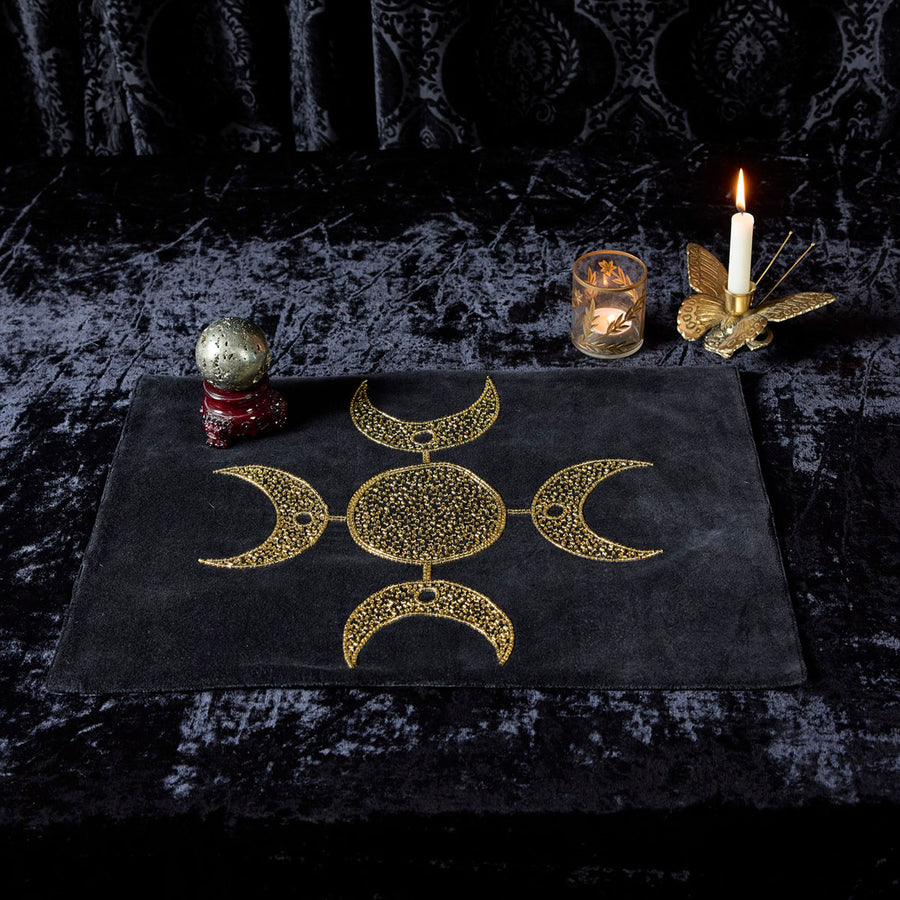 Gold beaded moon phase altar cloth. Black velvet sets the foundation for this ritualcore altar cloth or placemat for your witchy space. 