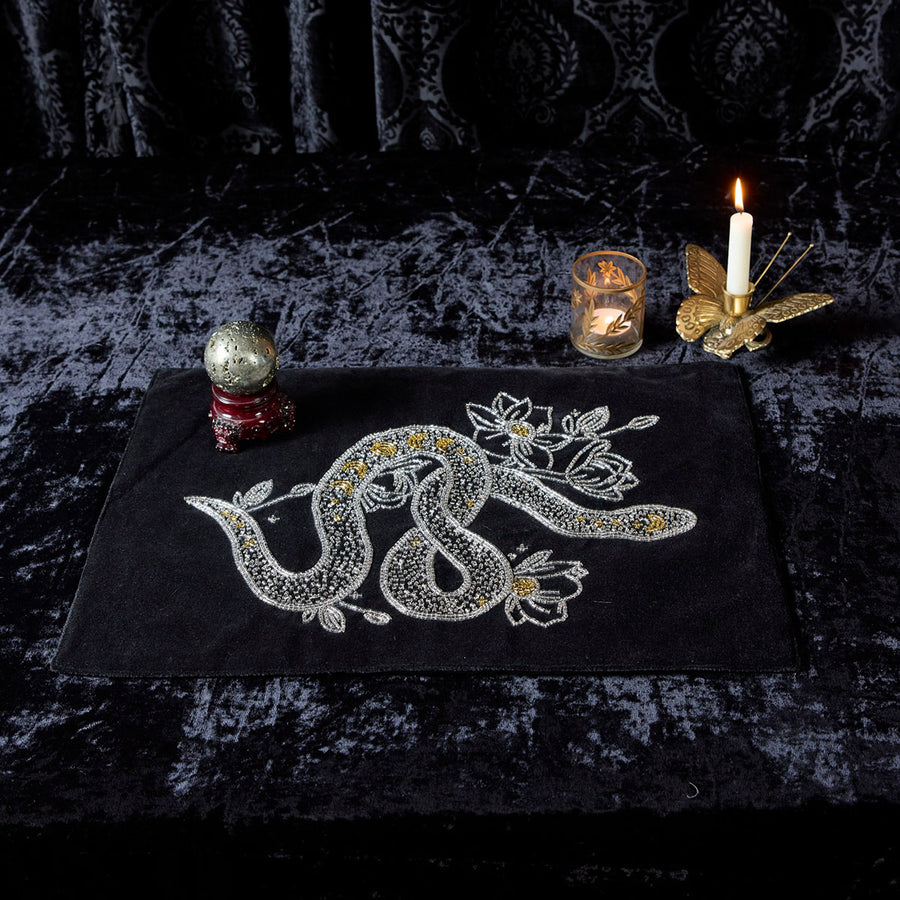 Beaded snake altar cloth in Silver by Sin in Linen. The perfect altar cloth or placemat to set your intentions and craft your witchy, alternative space. 