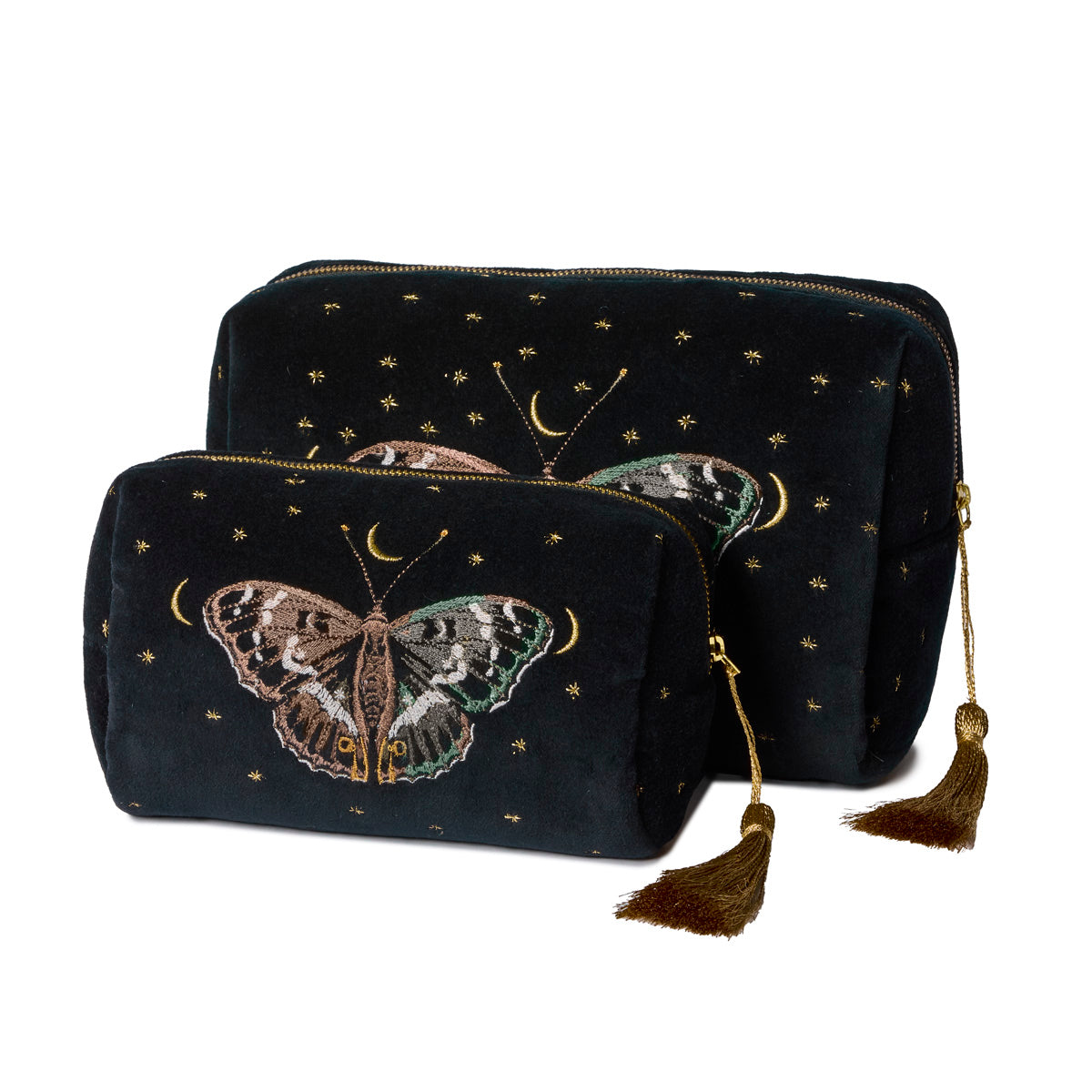Black embroidered pouches with moth design and golden tassel on a white background