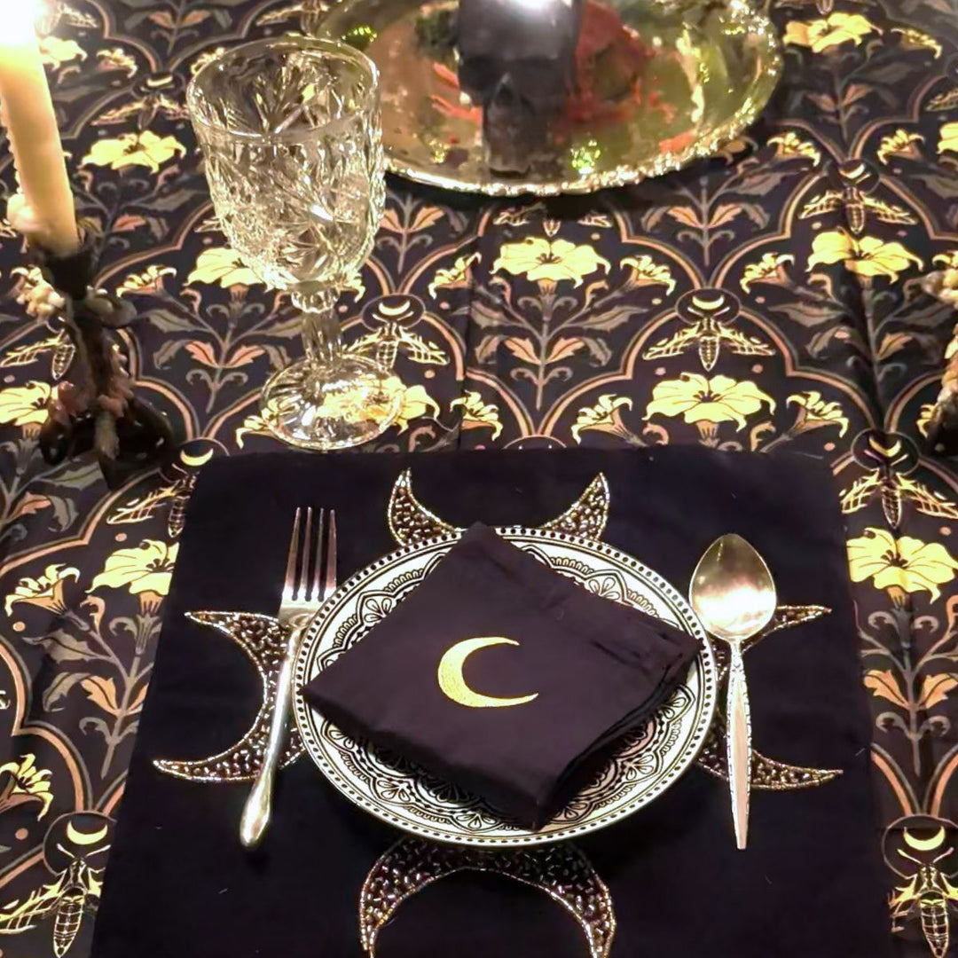 Samhain ritual presented on Sin in Linen's gothic table linens. 
