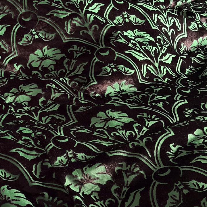 Sin in Linen's Velvet Datura fabric. Green gothic botanical pattern featuring datura blooms and bats in a flocked velvet design. Dark, witchy decor. 