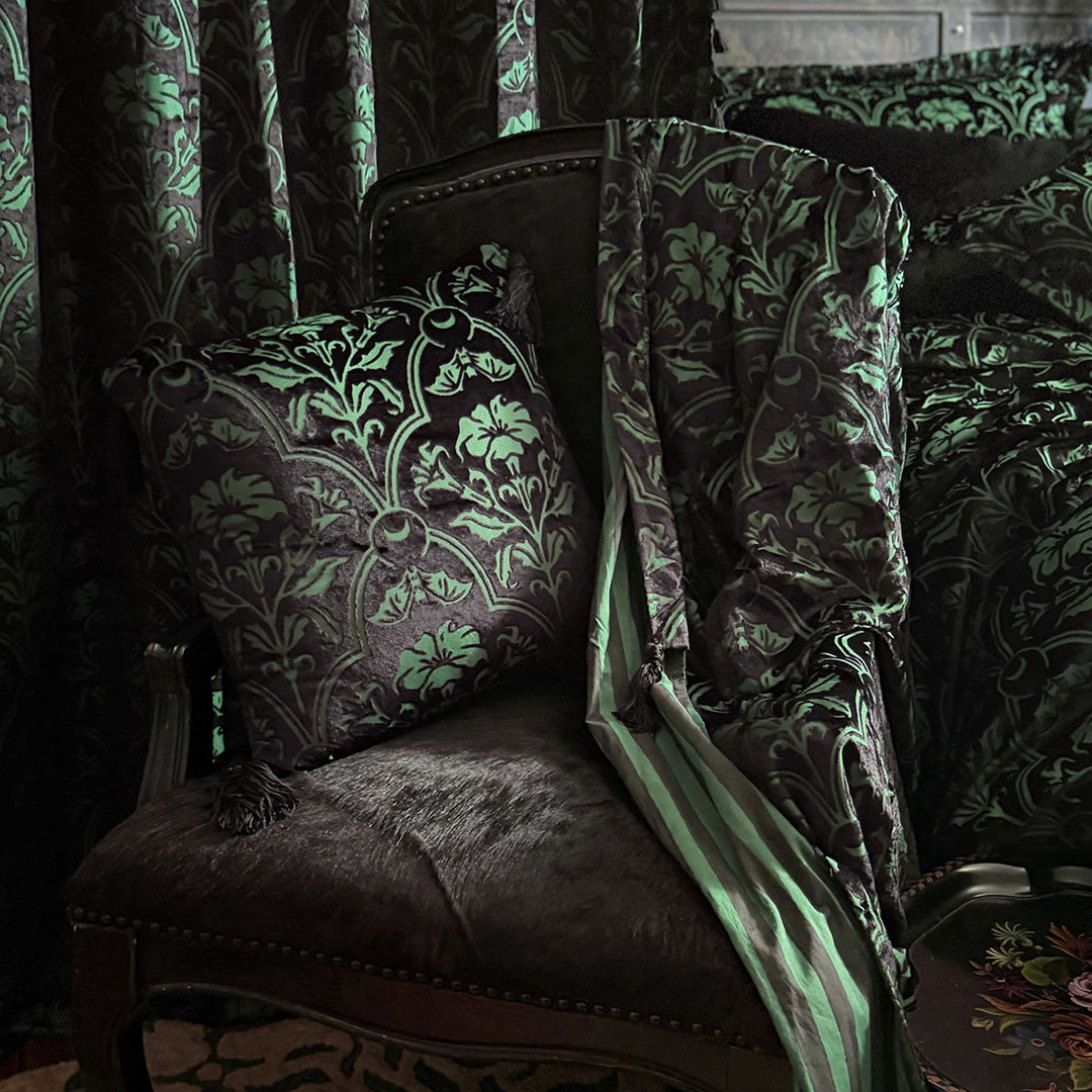 Sin in Linen's Velvet Datura Housecoat. Green gothic botanical pattern featuring datura blooms and bats in a flocked velvet design. Dark, witchy sleepwear.
