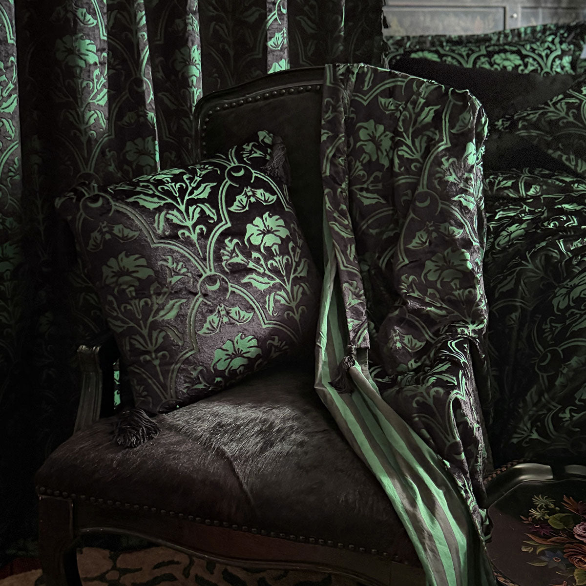 Sin in Linen's Velvet Datura Housecoat. Green gothic botanical pattern featuring datura blooms and bats in a flocked velvet design. Dark, witchy sleepwear.