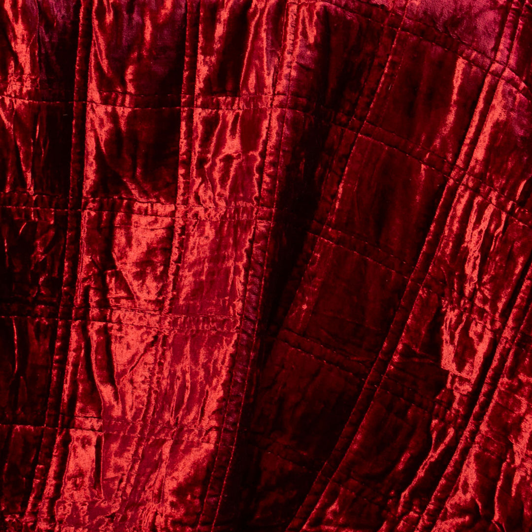Ruby red velvet box stitch quilted shams. Swatch of the fabric. 