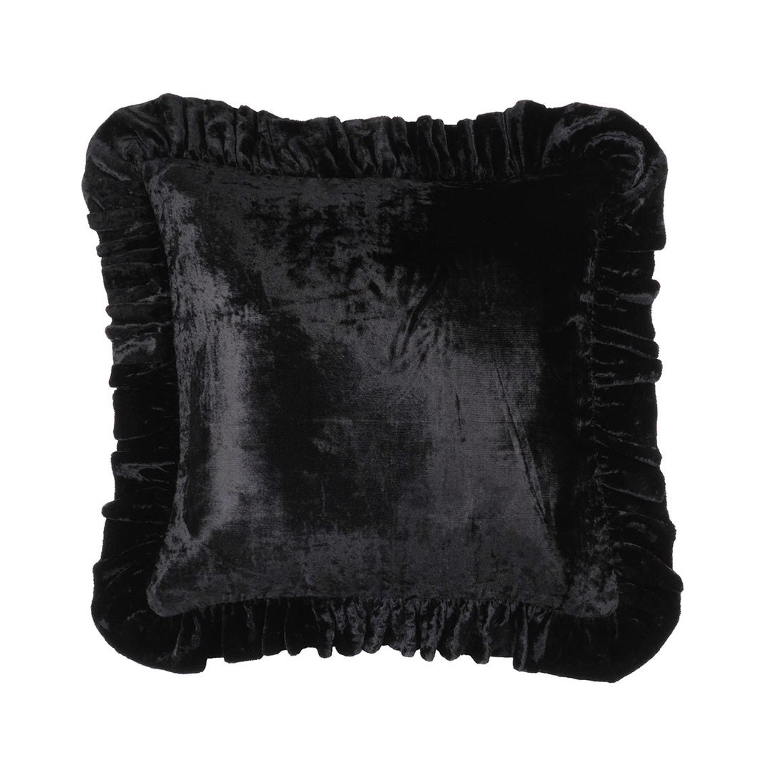Black velvet ruffle throw pillow on white background