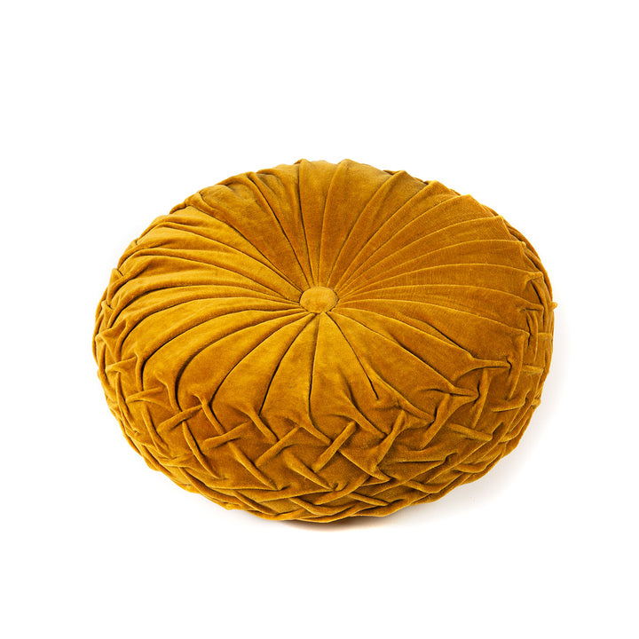 Gold velvet round pintuck pillow on a white background.