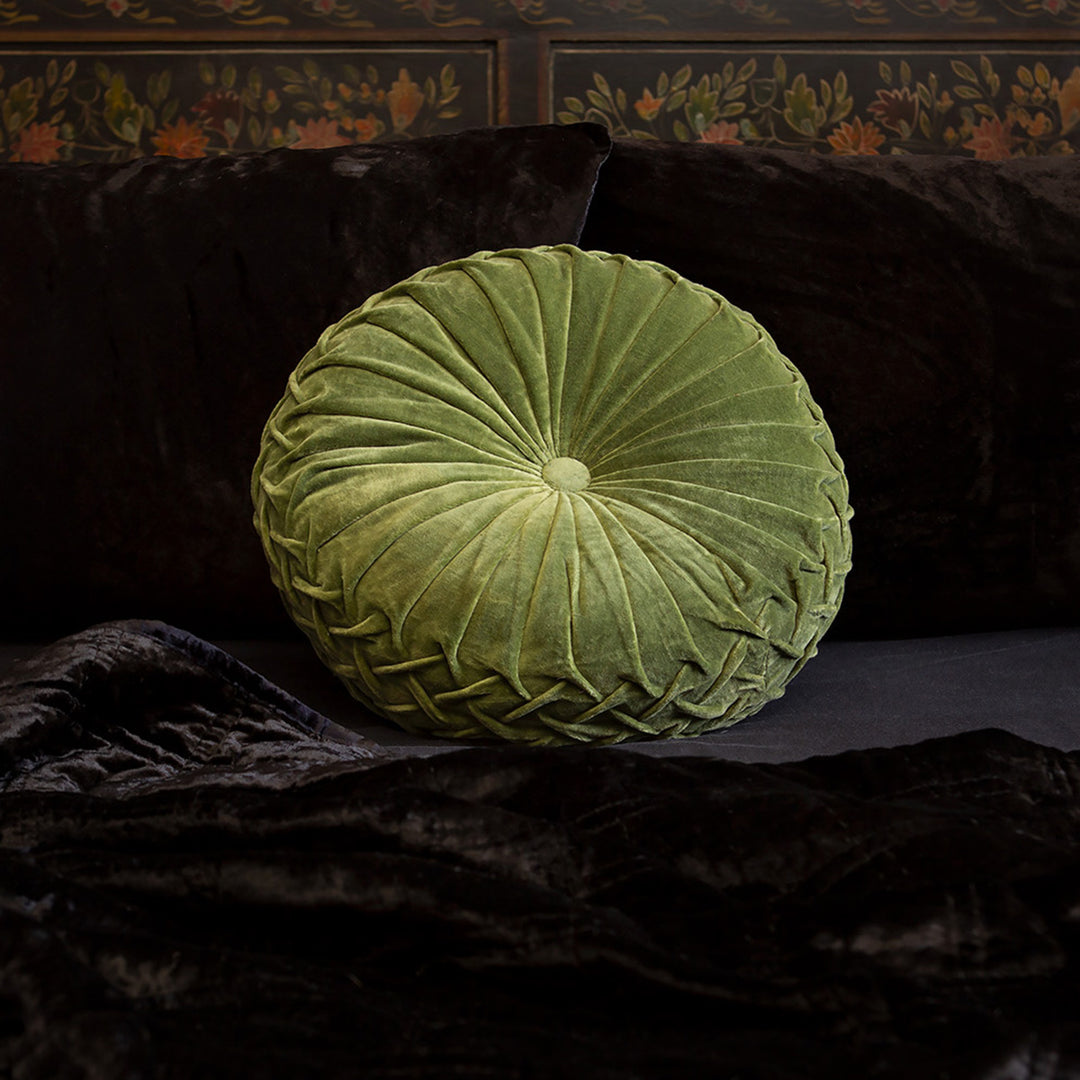 Moss green velvet pintuck pillow on black velvet bedding. Luxurious throw pillows by Sin in Linen