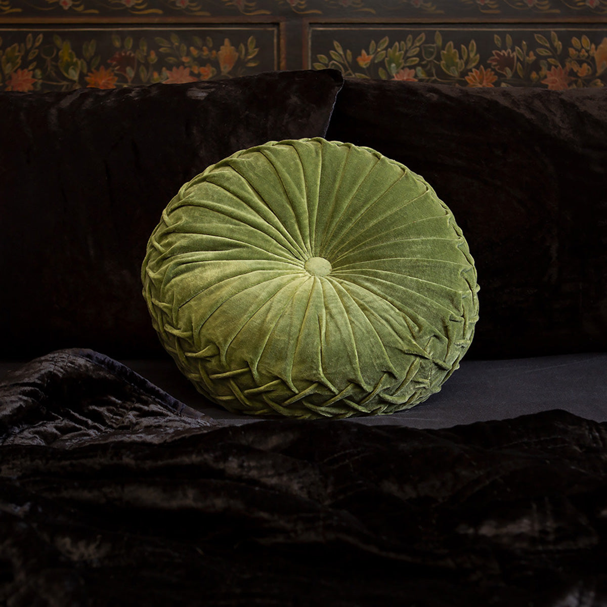 Moss green velvet pintuck pillow on black velvet bedding. Luxurious throw pillows by Sin in Linen