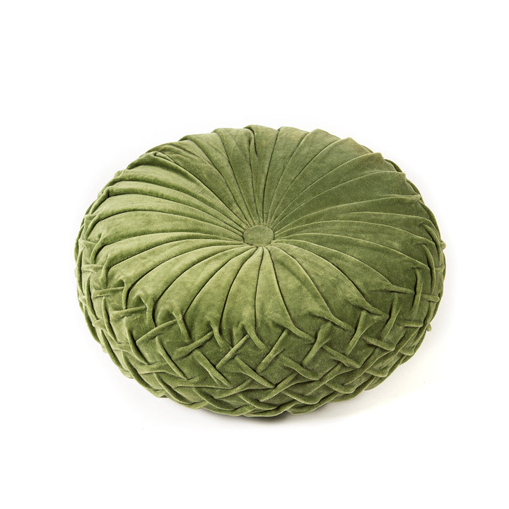 Moss green velvet round pintuck pillow on a white background