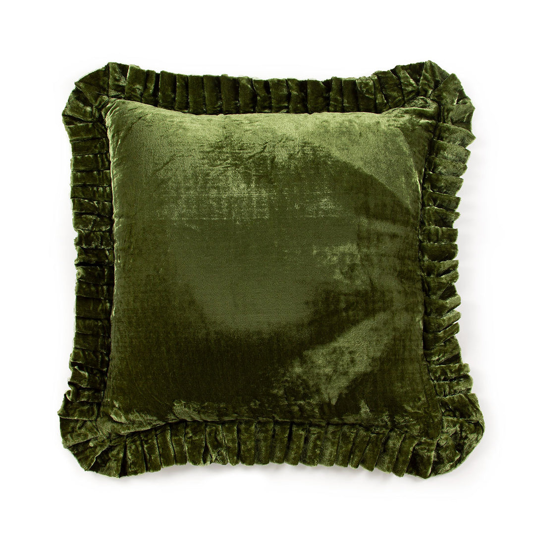 Moss Green velvet pillow with ruffled edges on a white background