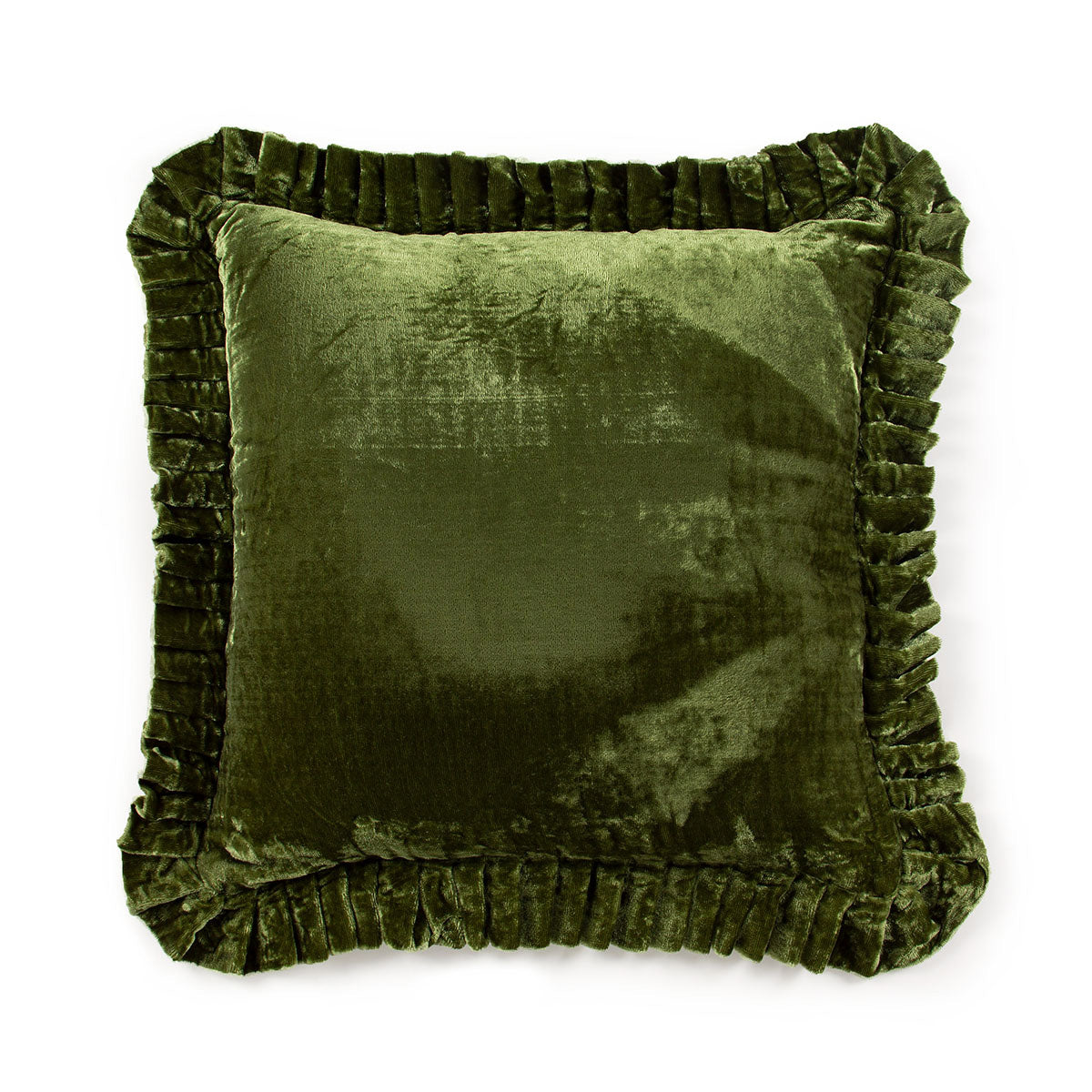 Moss Green velvet pillow with ruffled edges on a white background