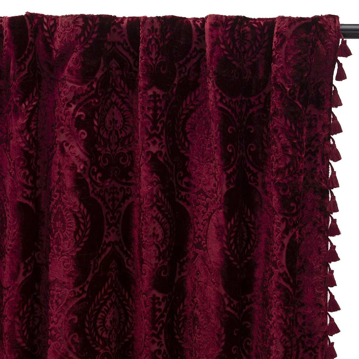 Burgundy red damask flocked velvet curtain with a tasseled edge