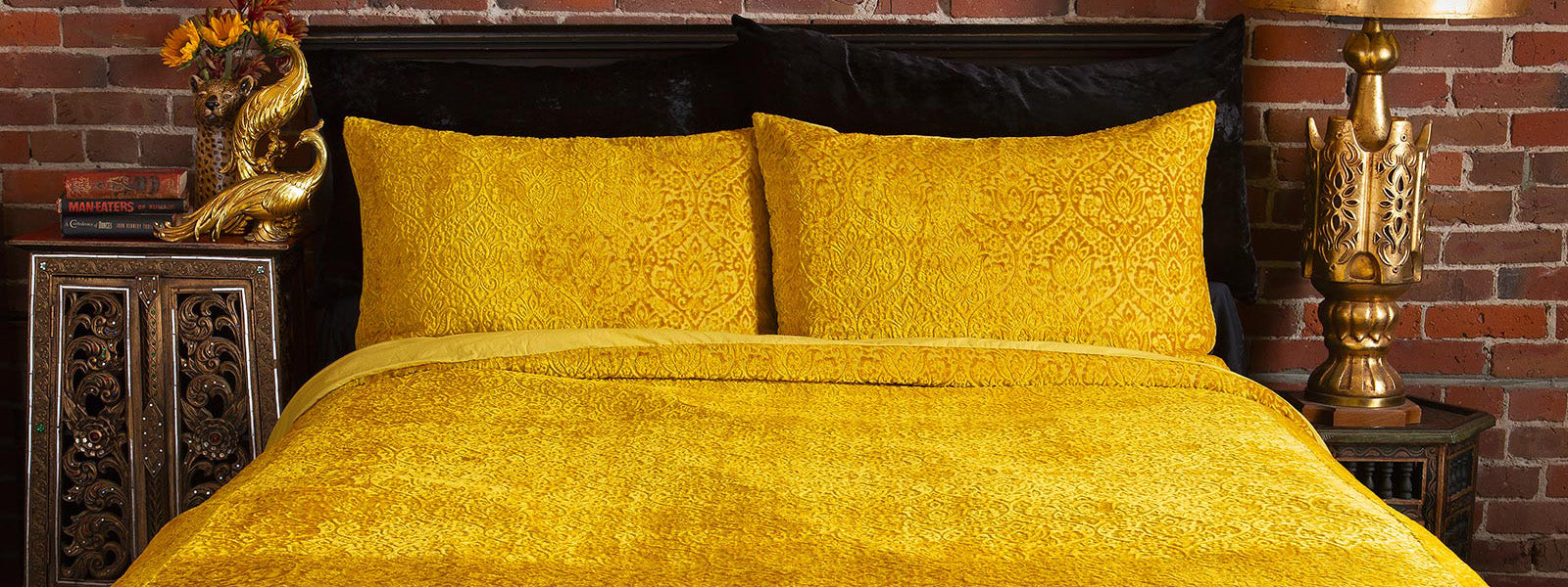 Citron yellow damask velvet bedding for vintage inspired bedrooms. 