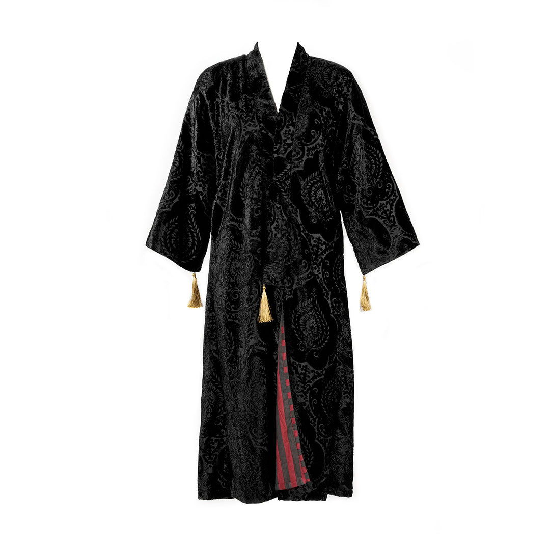 Black velvet damask housecoat, robe with coordinating black and burgundy stripes on the lining. Golden tassels. 