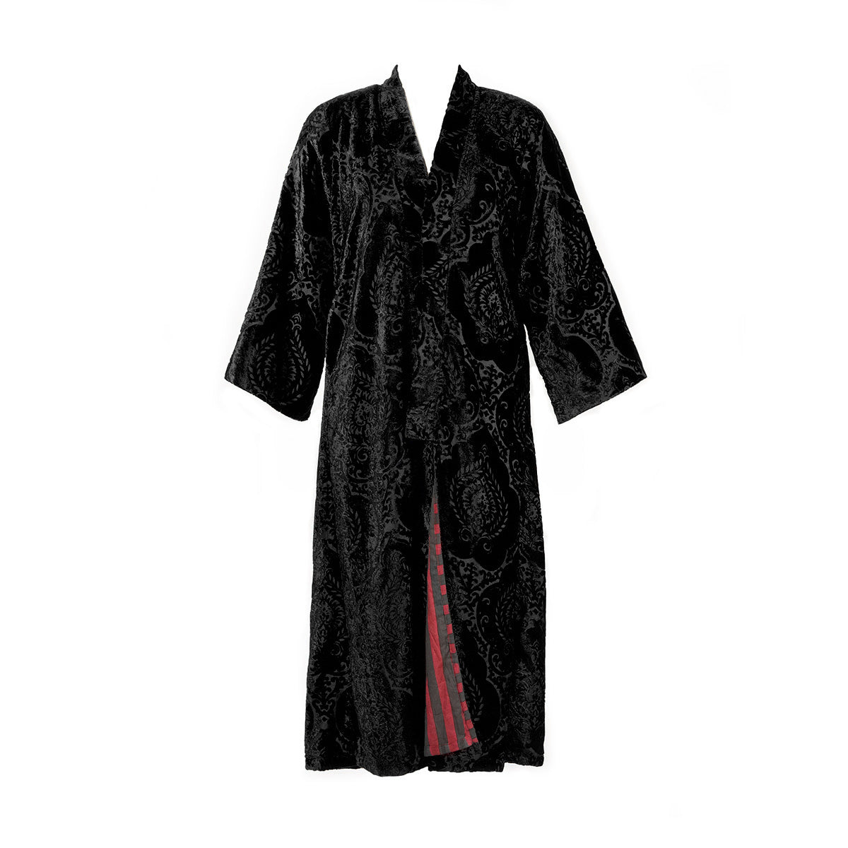 A black damask velvet housecoat with coordinating stripes in the lining. 