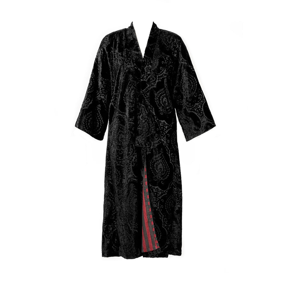 A black damask velvet housecoat with coordinating stripes in the lining. 