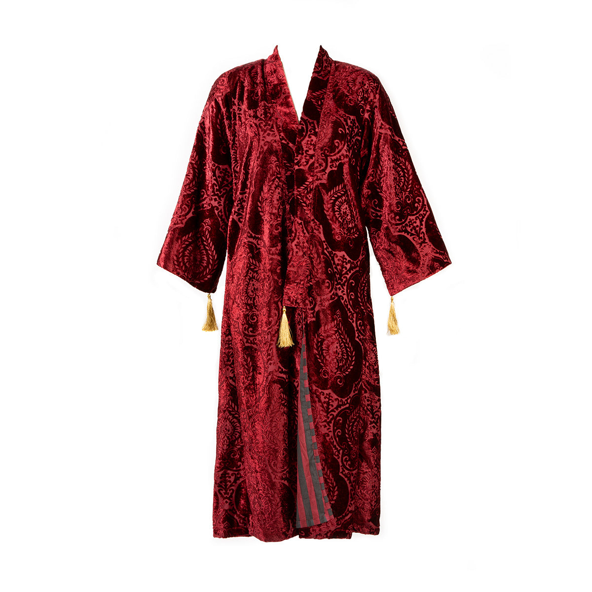A burgundy ruby red damask velvet housecoat with coordinating stripes in the lining. 