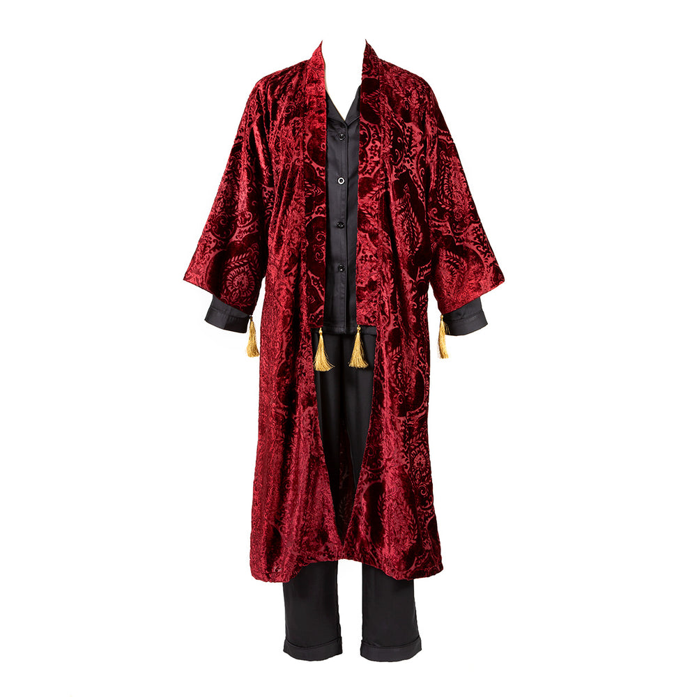 Ruby red damask velvet housecoat with golden tassels. Bohemian, gothic sleepwear. 