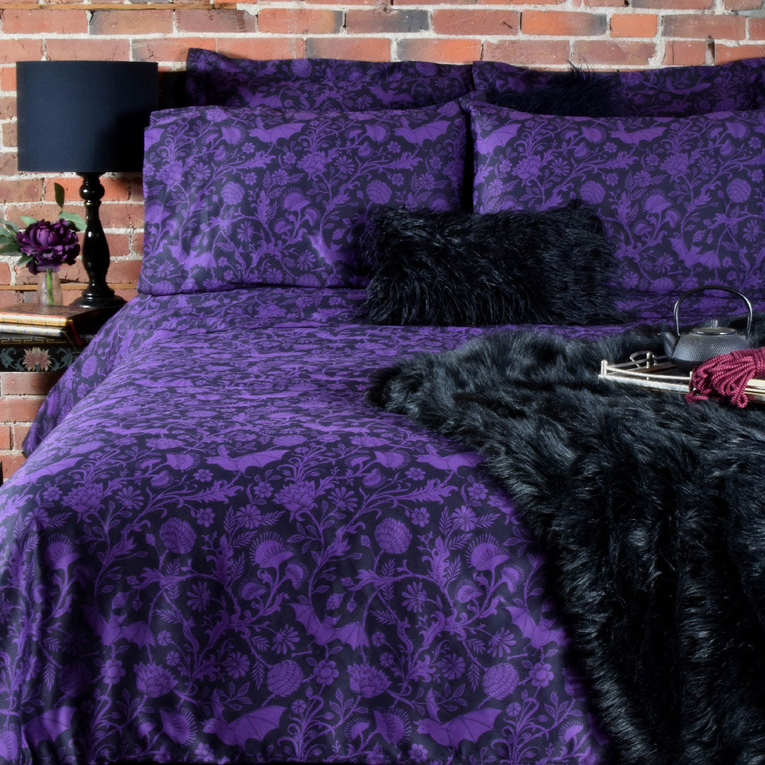 Purple comforter with bat print, gothic bedding by Sin in Linen. Elysian Fields. 
