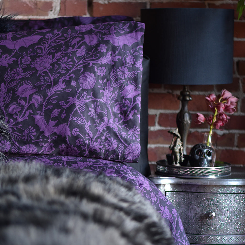 Purple bed sheets with bat print, gothic bedding by Sin in Linen. Elysian Fields. 